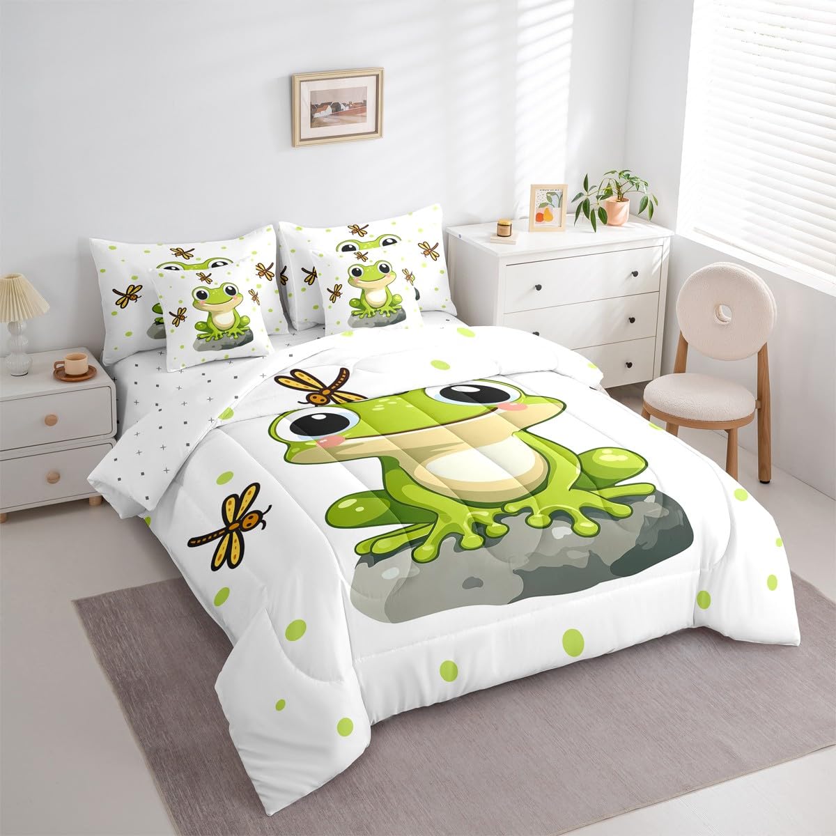 Erosebridal Kids Cartoon Frog 7 Piece Bedding Set Full Dragonfly Comforter Set with Sheets Reptile Animal Bed in A Bag Gray Stone Pattern Bed Sets