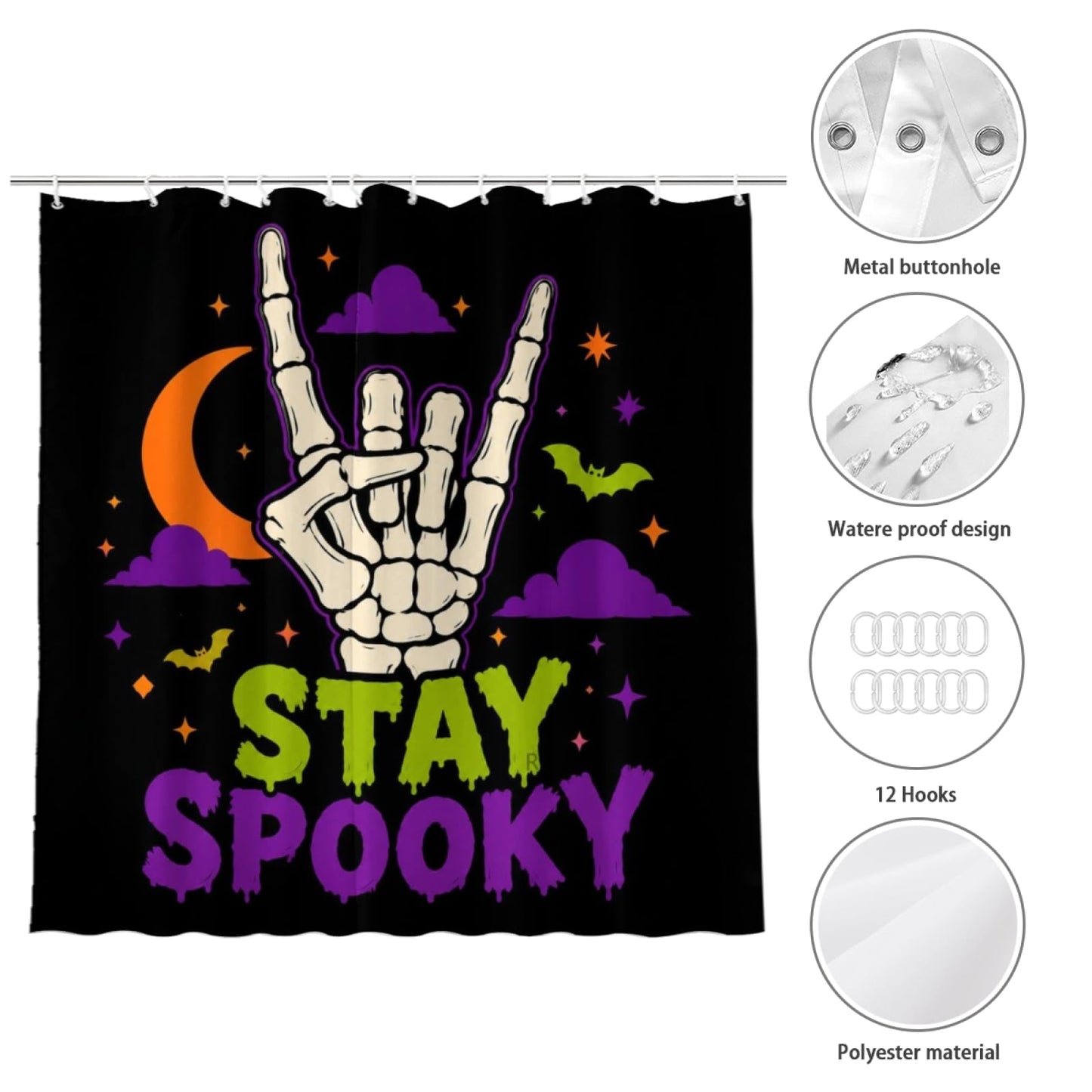REZHOCH Skeleton Hand Shower Curtain 72x72 Inch,Stay Spooky Bone Hand Moon Bat Gothic Halloween Cartoon Art Bathroom Decor,Creepy Funny Bath Set with Hooks