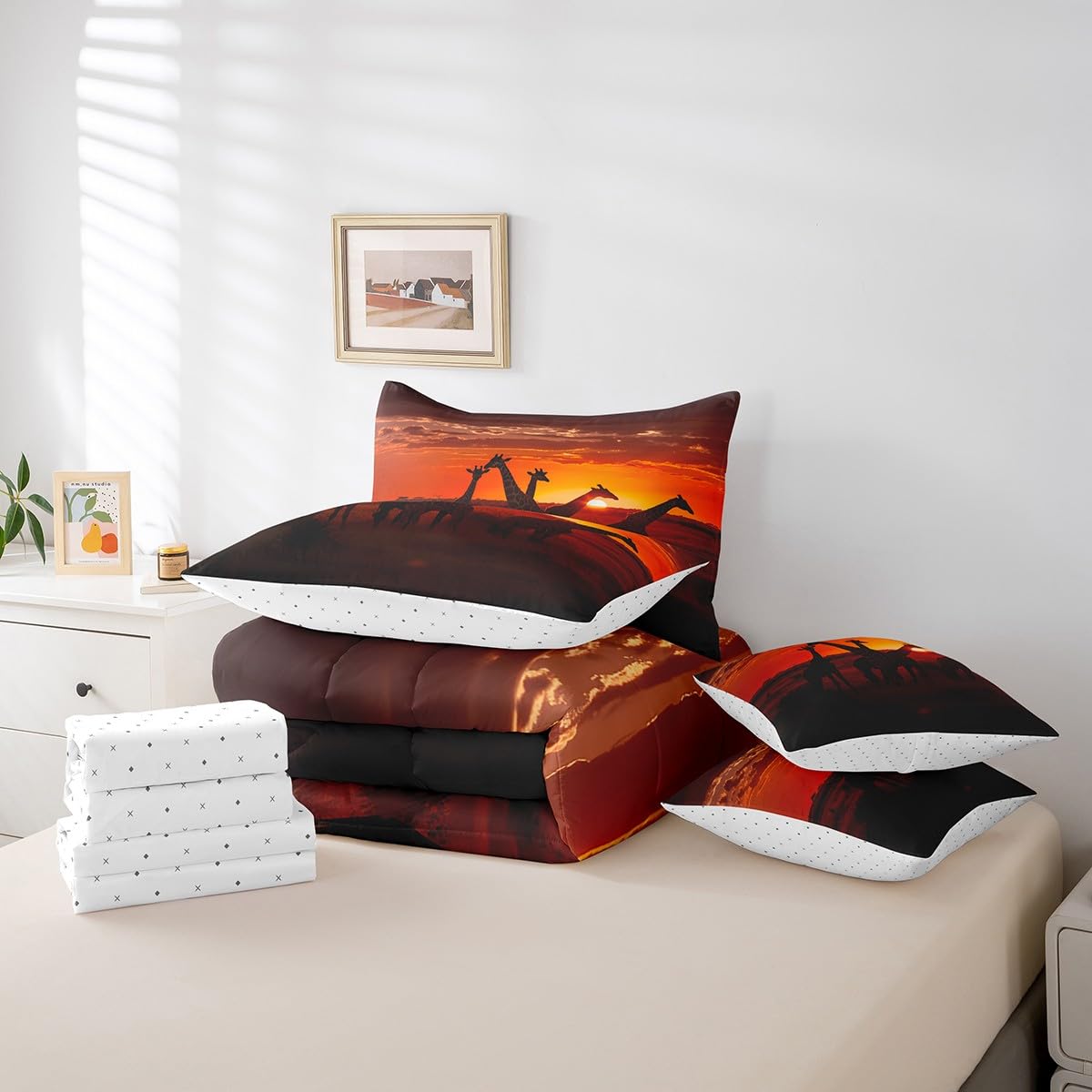 Erosebridal Giraffe Comforter Set 3D Giraffe Printed Bedding Sets 7 Piece Twin Natural Sunrise Scenery Bed in A Bag Jungle Wildlife Quilt with Flat Fitted Sheet Safair African Animals Pillow Covers