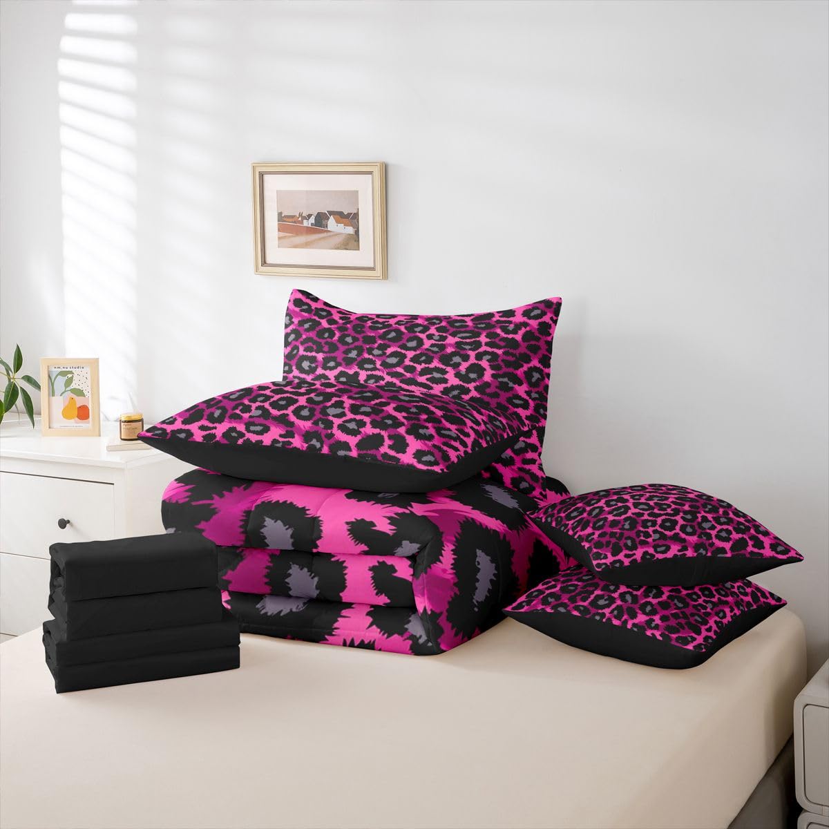 Erosebridal 7 Pcs Comforter Set King Size, Leopard Print Wild Animal Bedding Set for Kids and Adults, African Cheetah Wildlife Bed Sheet Sets with Fitted Sheet Pillowcases & Shams, Hot Pink Black