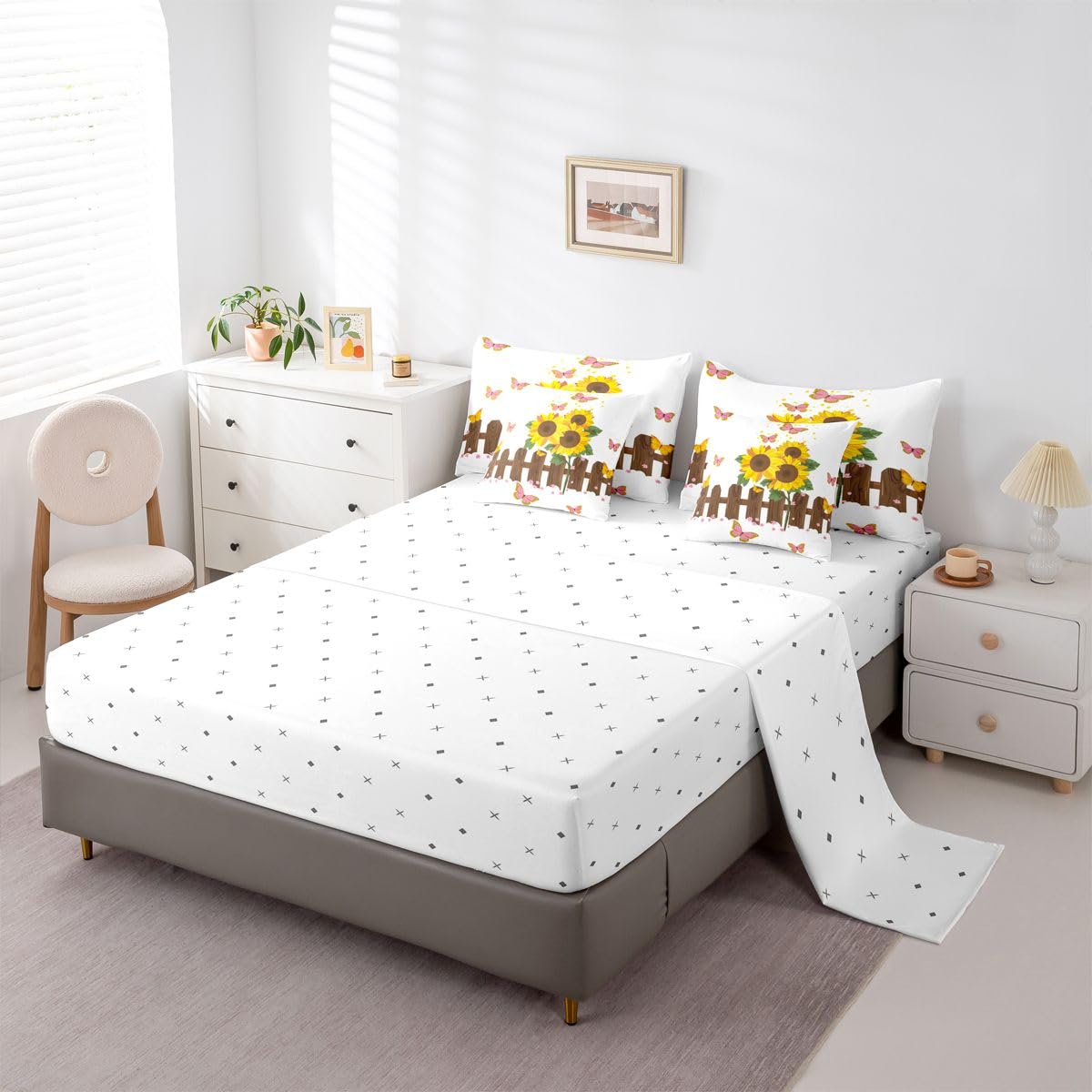 Erosebridal Butterfly 7 Piece Bedding Set Twin Sunflower Comforter Set with Sheets Wooden Fence Cute Hand Drawn Florals for Kids Boys Girls Petals Pink Butterflies Farmhouse Bed in a Bag