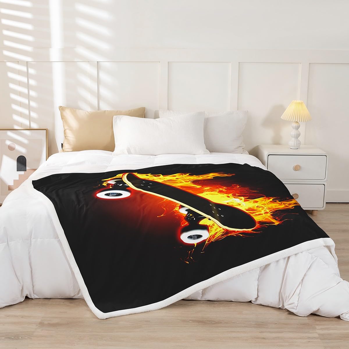Feelyou Skateboard Sherpa Throw Blanket Kids Boys Teens Street Sports Fleece Blankets and Throws Fire Skate Board Plush Blanket Hip Hop Skater Fuzzy Blanket for Sofa Bed Couch 50" x 60",Black