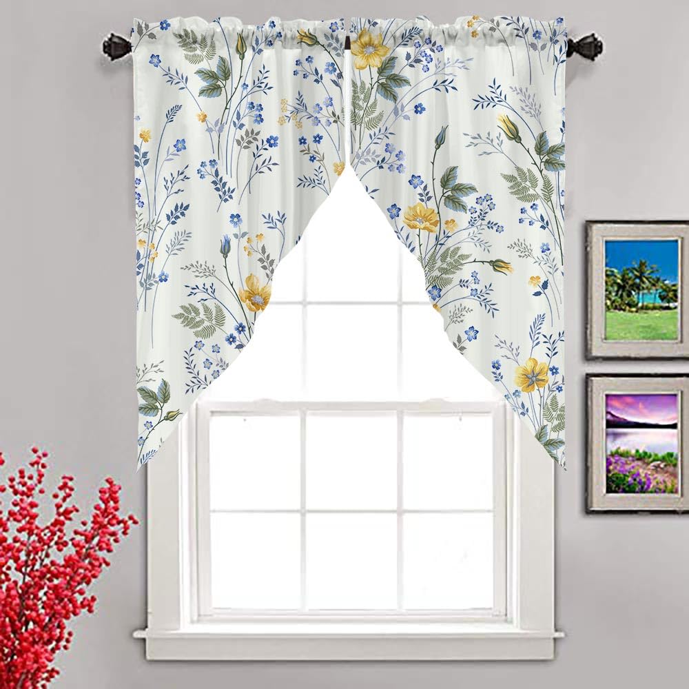 CAPSCEOLL Swag Valances Curtains Floral Leaves Rod Pocket Window Curtains for Kitchen & Bathroom, Farmhouse Decor - 2 Panels 29x36 Inches