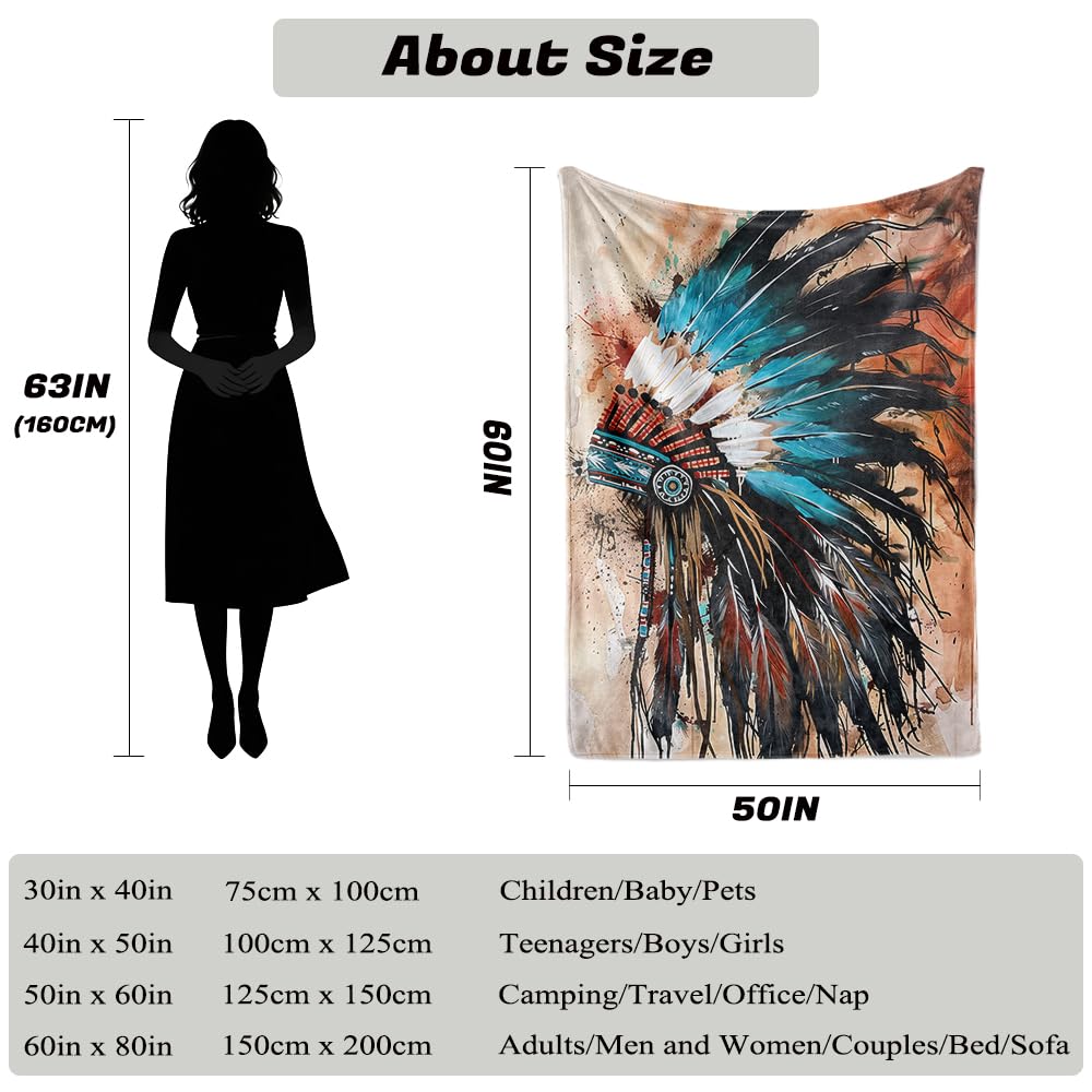 HUNXIAOJ Native American Throw Blanket Indian Print Blanket Indian Feather Headdress Pattern Native American Bedding Warm Soft Flannel for Bed Sofa Couch (50 in x 60 in)