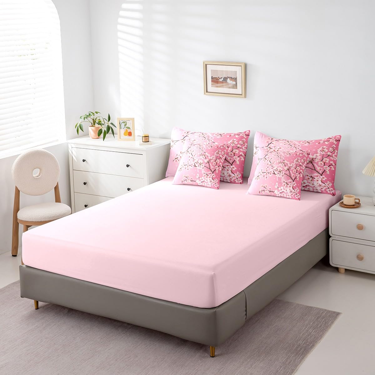 Erosebridal Japanese Sakura Bedding Set for Girls,Cherry Blossom Full Comforter Set 7 Piece Spring Cherry Pink Flower Tree Bed in A Bag Pink Dreamy Flowers Botanical Bed Set for Kids Teen Adults
