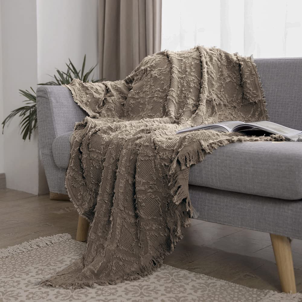 Simple&Opulence 100% Cotton Throw Blanket for Bed, Couch, Boho Textured Geometric Knit Woven Blanket with Tassels Soft, Lightweight Breathable Shabby Chic Farmhouse Decoration for All-Season(Brown)
