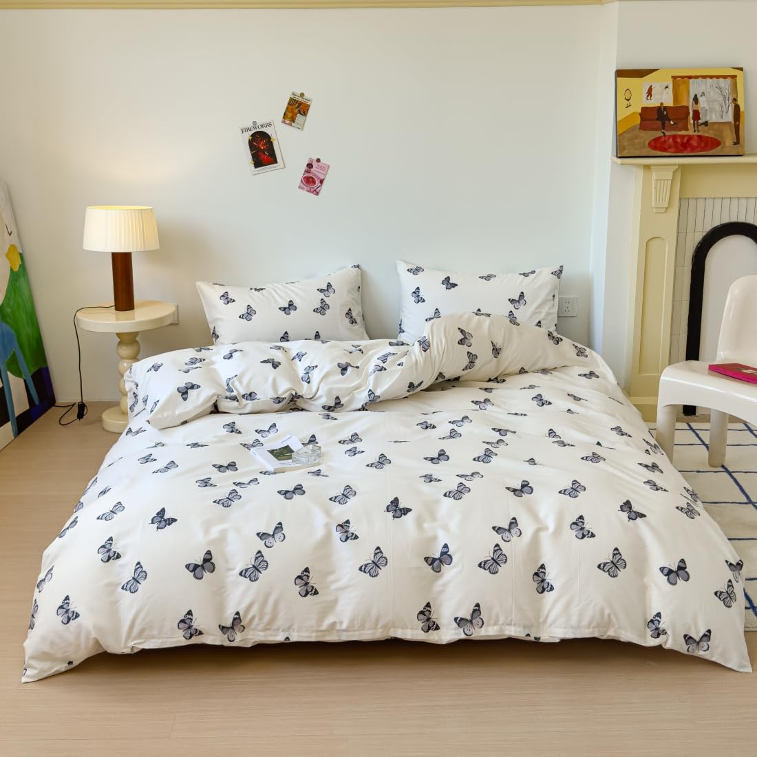 LIWHENHAO Butterfly Duvet Cover Set Queen 100% Cotton Bedding Cartoon Black Butterflies Print on Cream White 1 Kawaii Cute Animal Comforter Cover Full 2 Pillowcases for Kids Girls Boys Woman