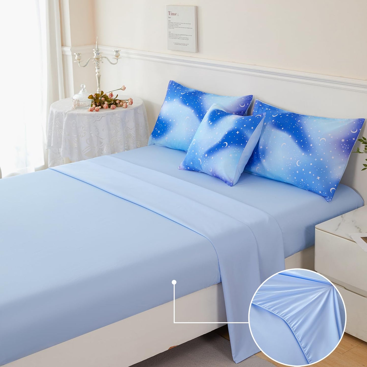 URBONUR Galaxy Blue Comforter Set Queen Size for Boys Girls Ombre Glitter Nebula Kids Teen Bedding Sets Light Blue Soft Lightweight 6Pcs Bed in A Bag Sets