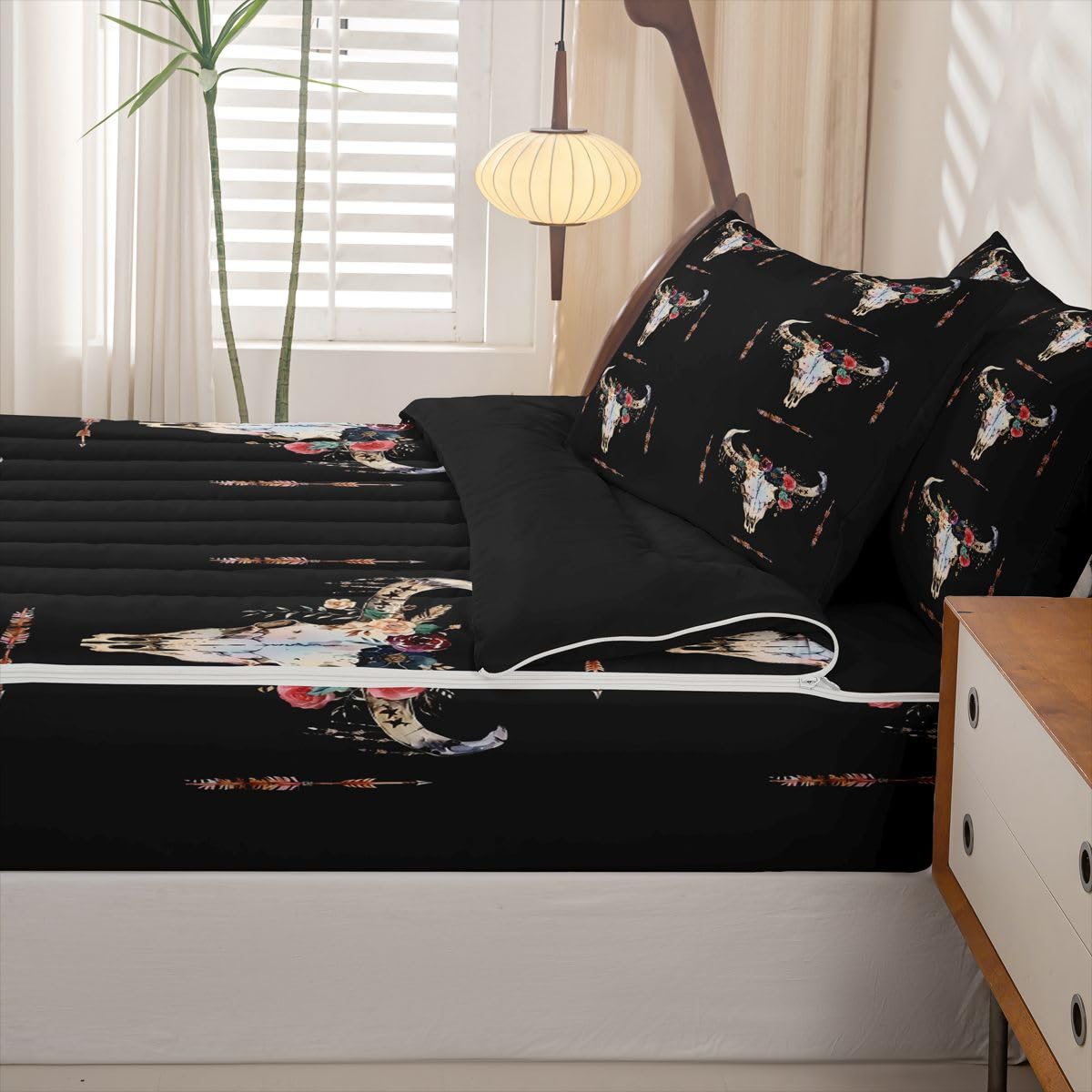 Erosebridal Bull Skull Zipper Comforter Set Twin Boho Bedding Set Bull Head Aztec Bed in a Bag Rose Leaf Print Zippered Quilt Fitted Sheet,2 Pillowcases