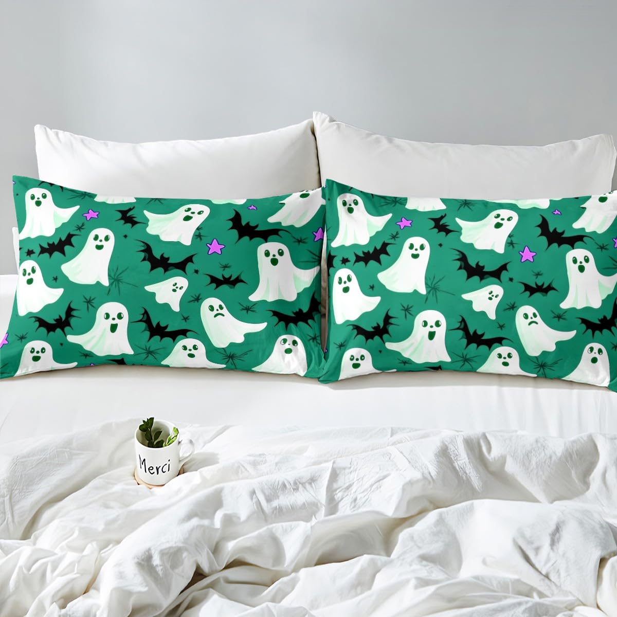Feelyou Kids Halloween Sheet Set Queen Size, Cute Ghost Bed Sheets Set Boys Girls Ghost Festival Sheets with Deep Pocket Fitted Sheet Cartoon Bats Teens Bedding Set Bedroom Decor 4Pcs