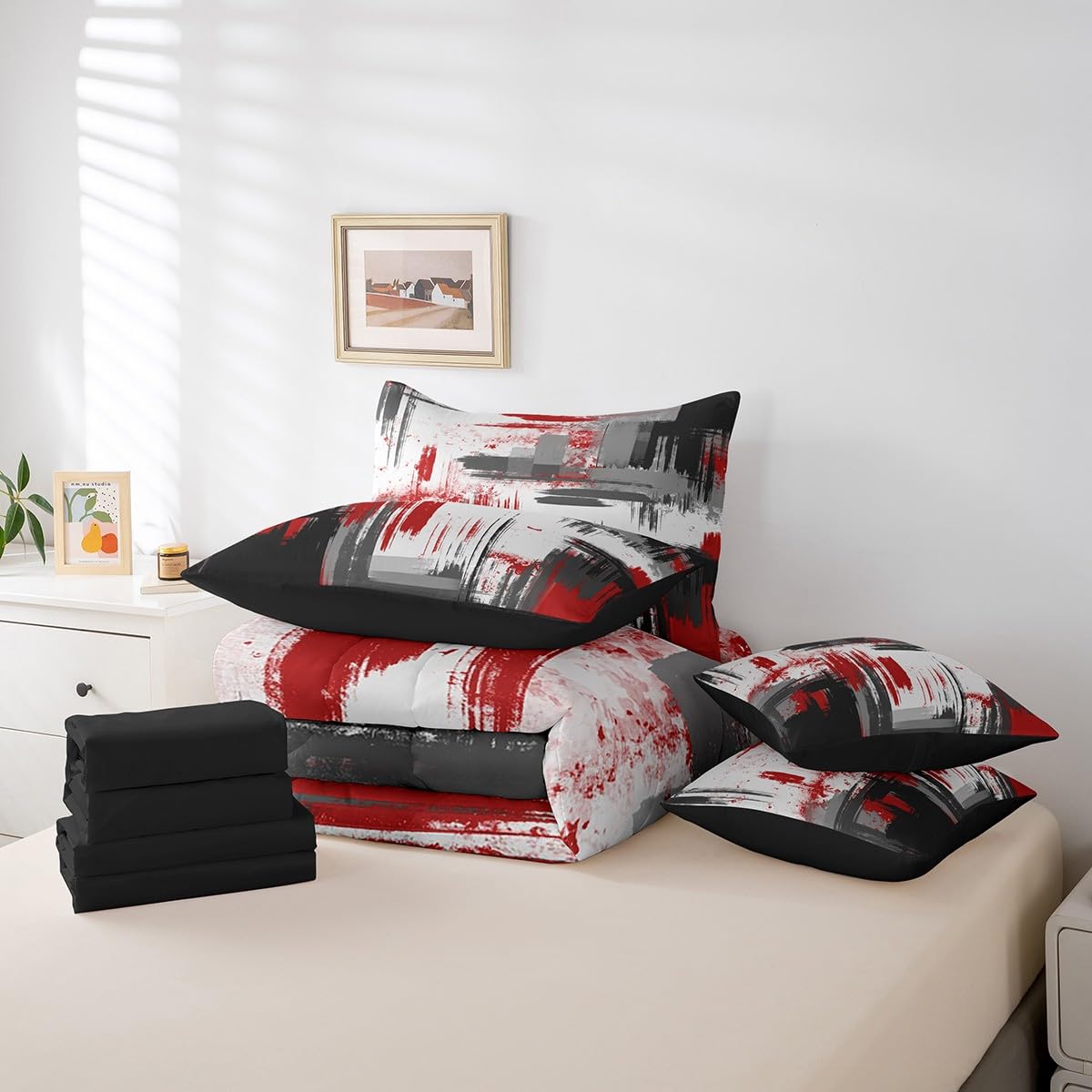 Feelyou Abstract Bed Set Includes Comforter, Sheet Set, Pillowcases & Pillow Covers Modern Abstract Art 7 Piece Bedding Set Children Red Grey Black Pattern Bedding Set Queen Size