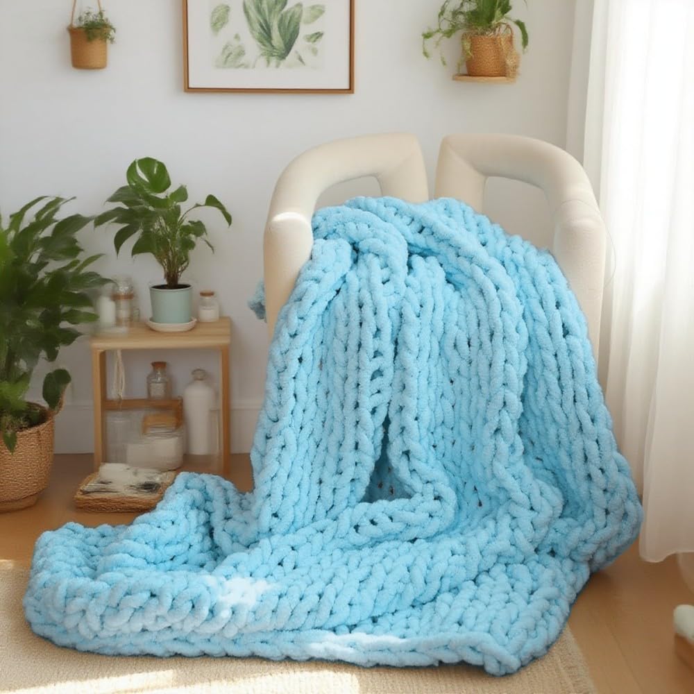 QIFONIX Handmade Chunky Knit Blanket, Cosy Chenille Throw (Blue, Throw (50" x 60"))