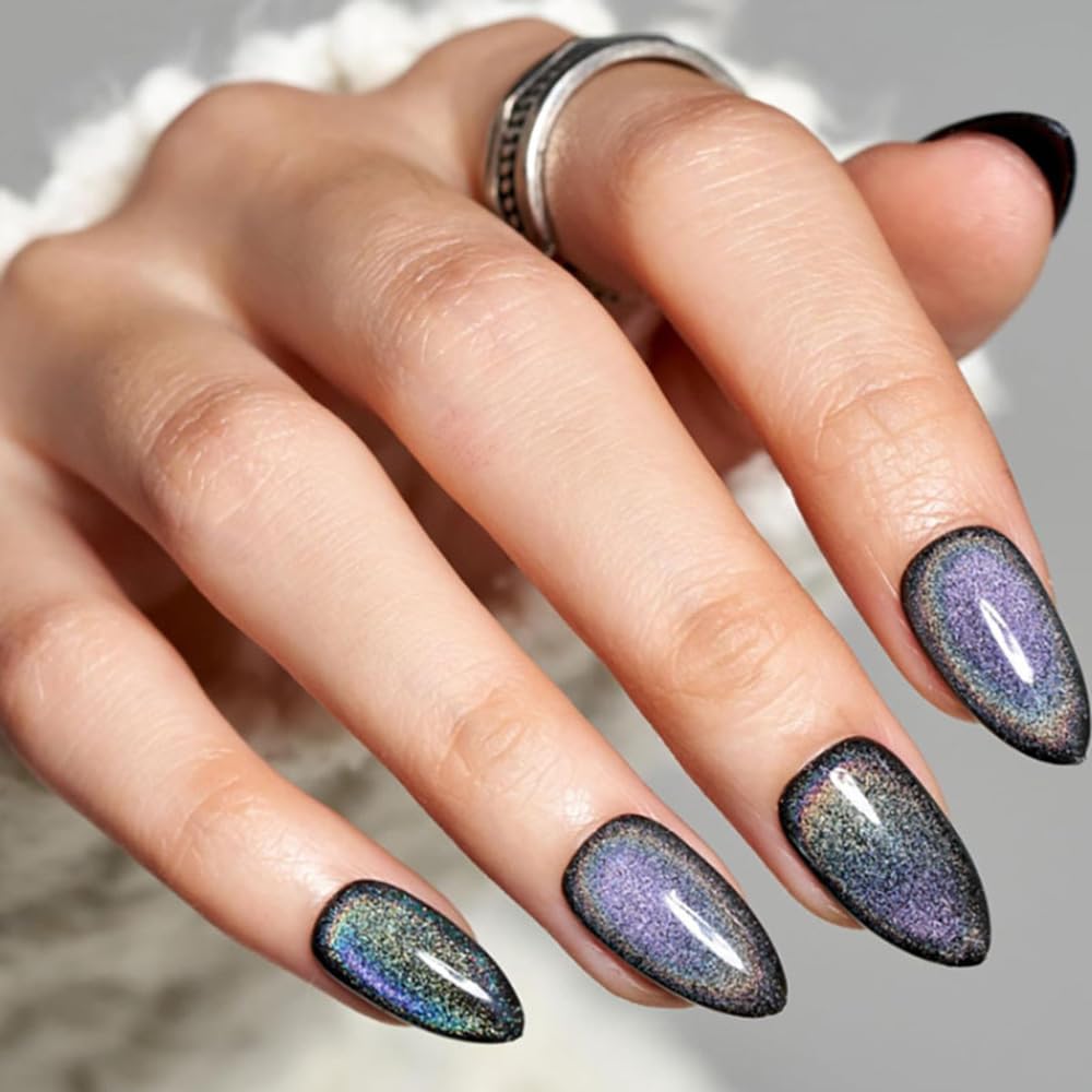 evpct Black Cat Eye Press on Nails Short Almond No Glue, Iridescent Colorful Metallic Glitter Glossy Stick on Nail for Women Gift with Kit, Reusable Full Cover Soft Gel Press on Fake Nail with Design