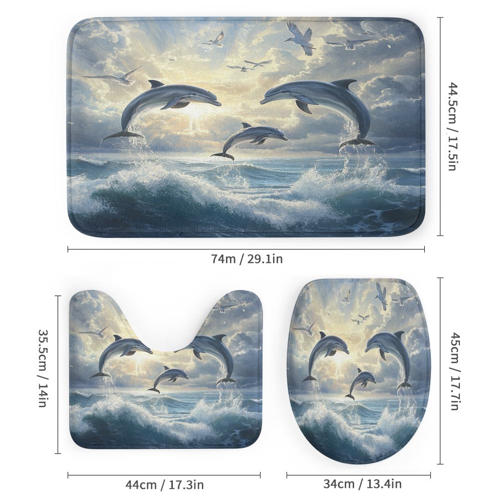 SOPIYRIO Modern Dolphin Waterproof Shower Curtain Set (72x72 Inch) with Non-Slip Bath Rugs, 4 Piece Beautiful Ocean Bird Nature Sunset Bathroom Set Includes U-Shaped Mat & Toilet Seat Cover