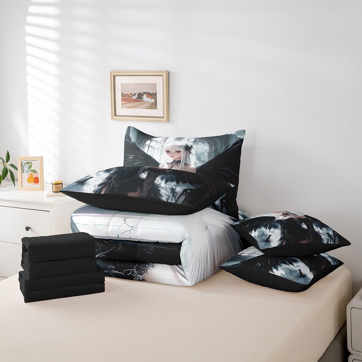 Erosebridal Anime Girl Bedding Sets 7 Piece Queen Size, Kawaii Japanese Anime Comforter Set for Kids Boys Teens Adult, Cartoon Girl Bed in A Bag Japan Animation Sheet Set, Machine Washable