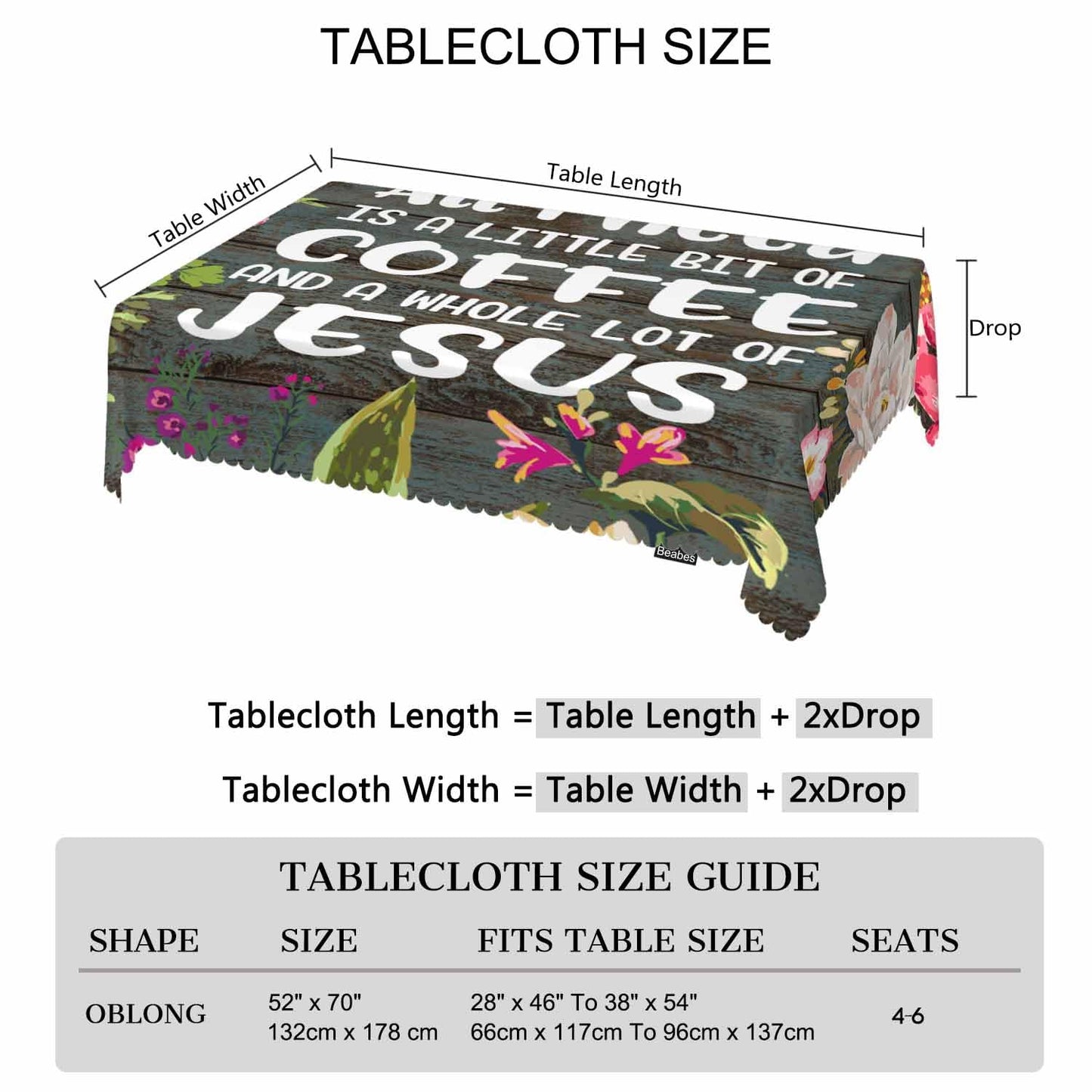 Beabes Bible Quote Decorative Tablecloth, Christian Verse Kitchen Table Cover Oblong 52"X70" Tablecloths Dining Table Cloth Buffet Parties Patio and Camping All I Need is A Whole Lot of Jesus