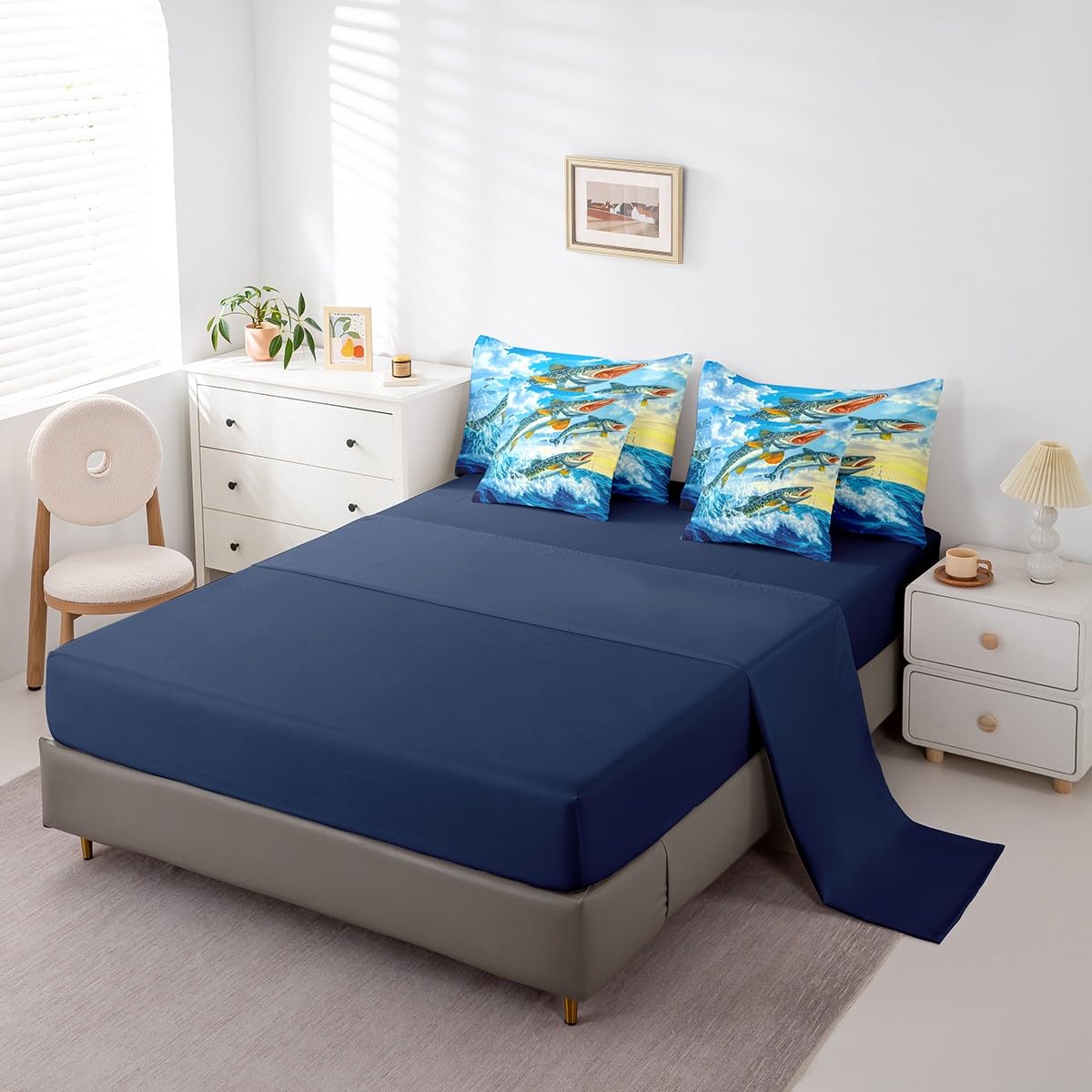 Erosebridal Pike Fish Bedding Sets, Big Bass Fish Microfiber 7 Piece Full Size Comforter Set for Kids Boys Girls, Hunting and Fishing Print Bed in a Bag Bed Set, Sea Waves Animals Bed Sheets Set