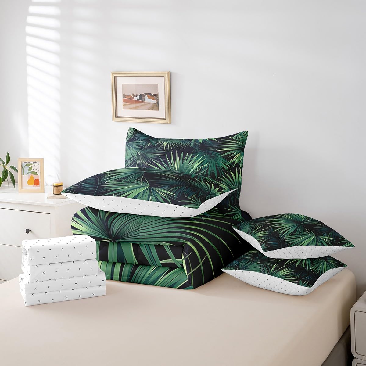 Erosebridal Tropical Green Leaves Quilt with Flat Fitted Sheet Summer Hawaiian Comforter Set 7 Piece Twin Monstera Banana Leaves Bed in A Bag for Kids Boys Girls Jungle Nature Theme Bedding Sets