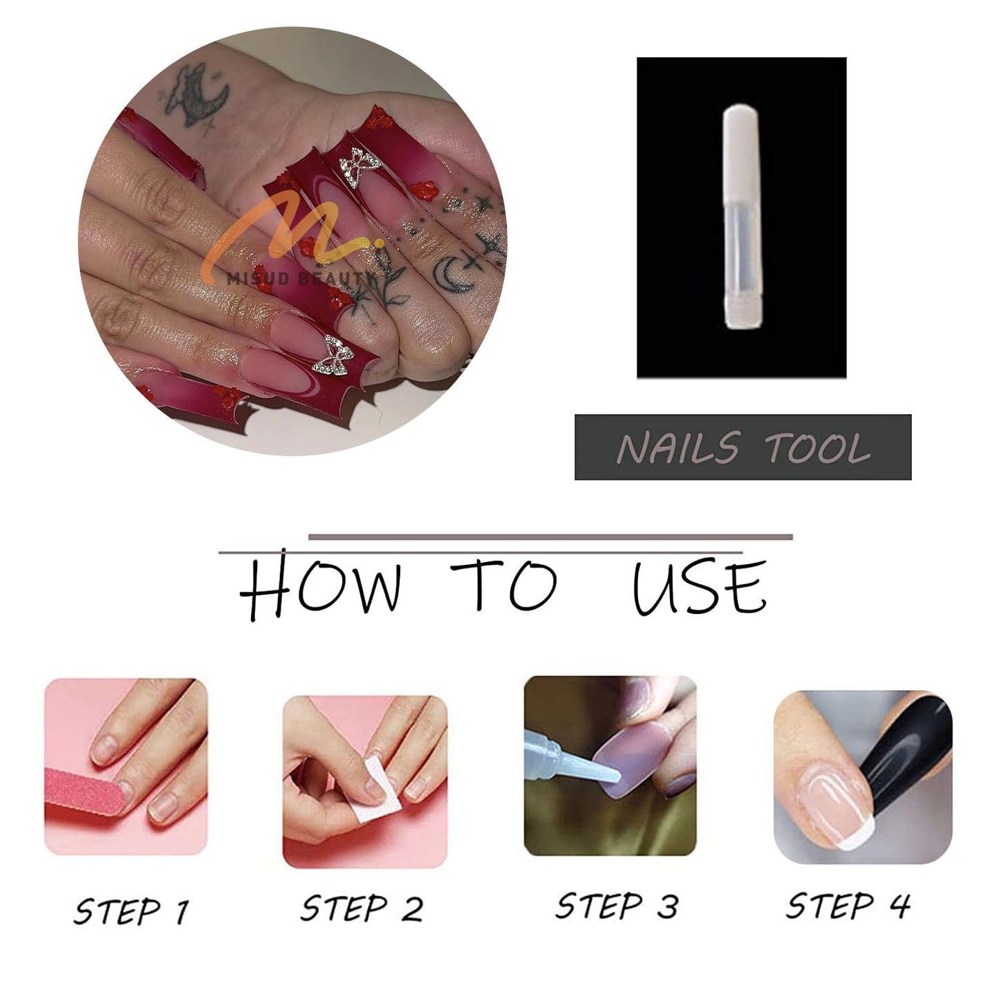 MISUD Press on Nails - Long Square Glue on Nails with Matte Red, Acrylic Flower Butterfly Design 24 pcs