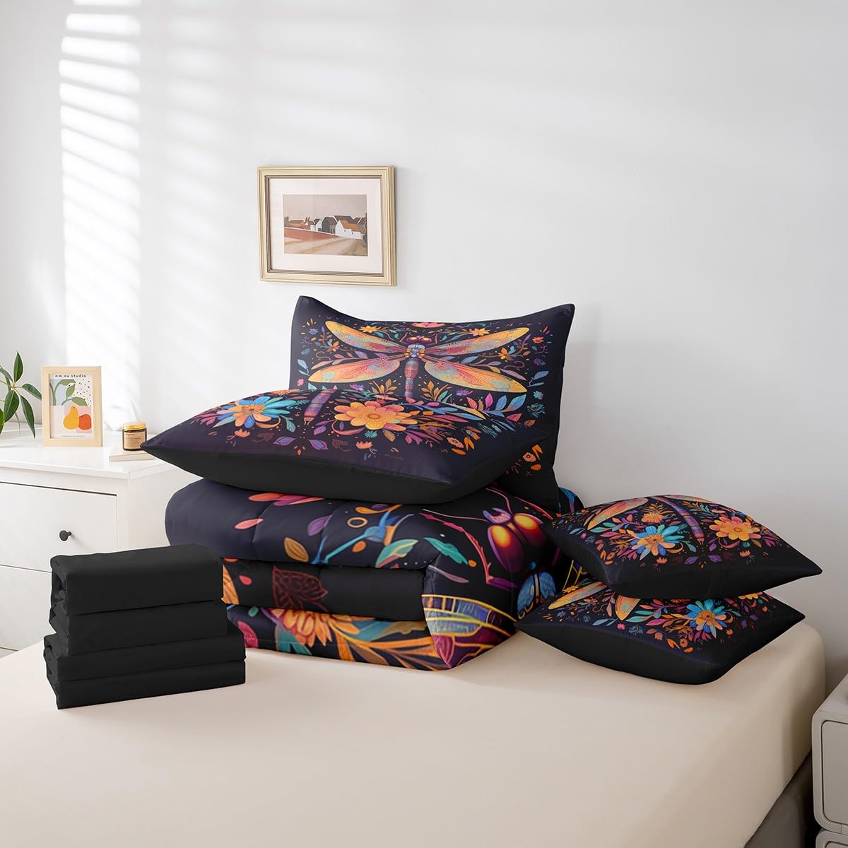 Erosebridal Boho Dragonfly Comforter Set Queen,Rainbow Lotus Flower Floral Bed in a Bag for Kids Teens Adults,Bohemian Woodland Leaves Bedding Set 7Pcs,Bohemian Wild Animal Quilt