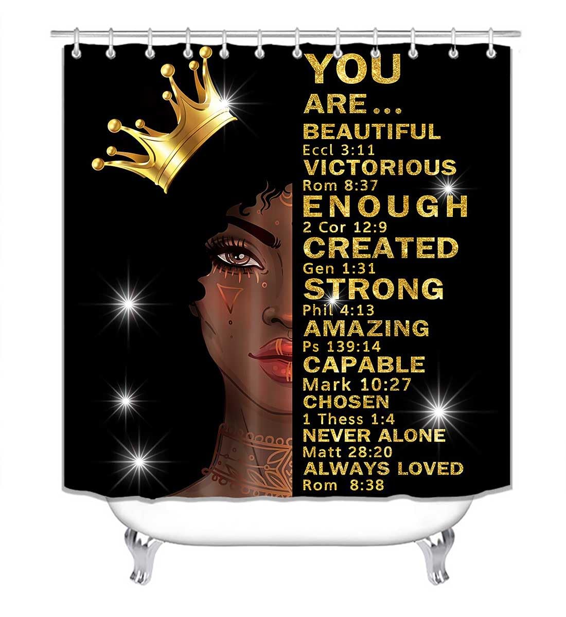 Jayden Madge 4PCS African American Woman Shower Curtain Set, Gold Crown Glitter Inspirational Quotes Ethnic Tribal Afro Girl Melanin Queen Black Women Bathroom Decor, Non-Slip Bath Mat Toilet Rug