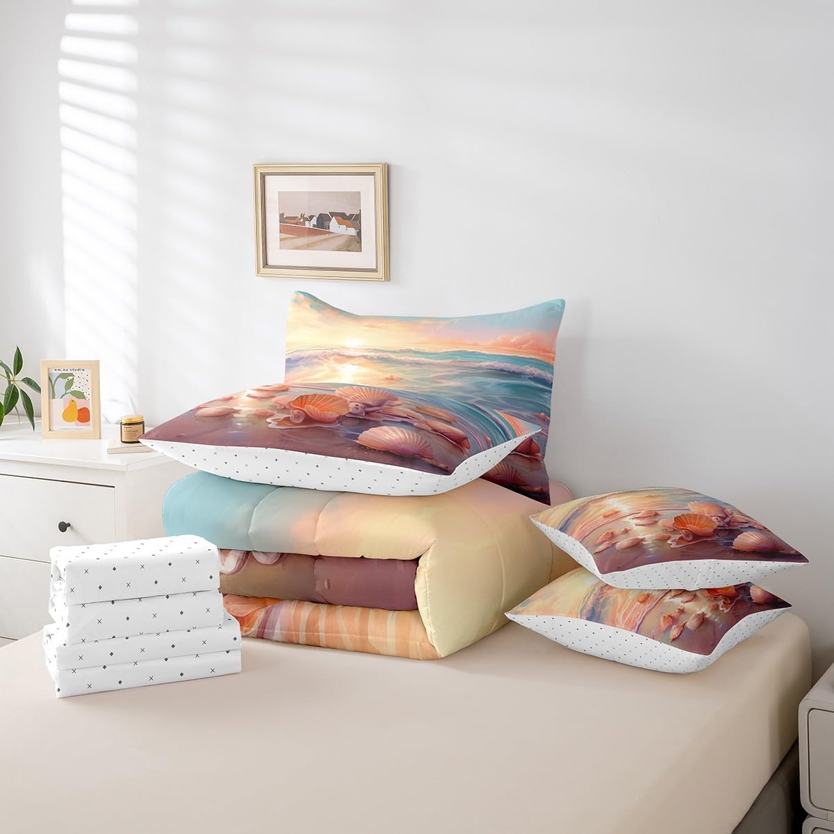Erosebridal Ocean Full Bedding Sets 7-Piece Tropical Hawaii Comforter Set Hawaii Beach Comforter Set with Sheets Seashell Conch Bed in A Bag Oil Painting Bed Sheets Set Coastal Sealife Bedroom Decor