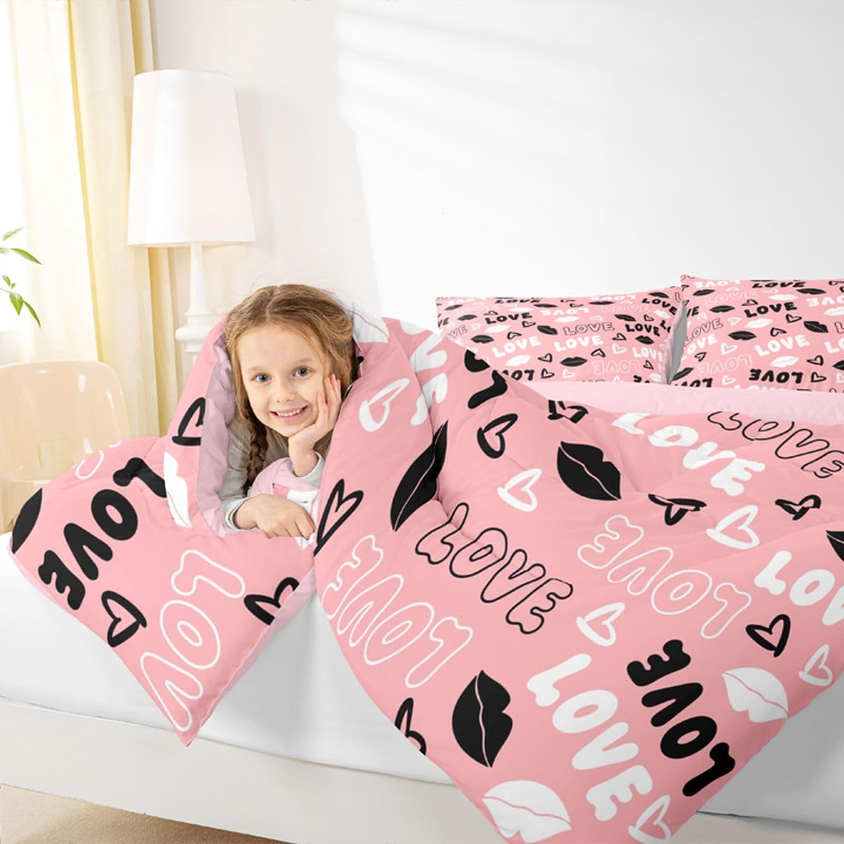 Erosebridal Pink Love Comforter Set Queen Size Black and White Love Heart Lips Bedding Set for Girls Women Romantic Valentine Day Comforter Modern Fashion Cute Aesthetics Quilt Duvet