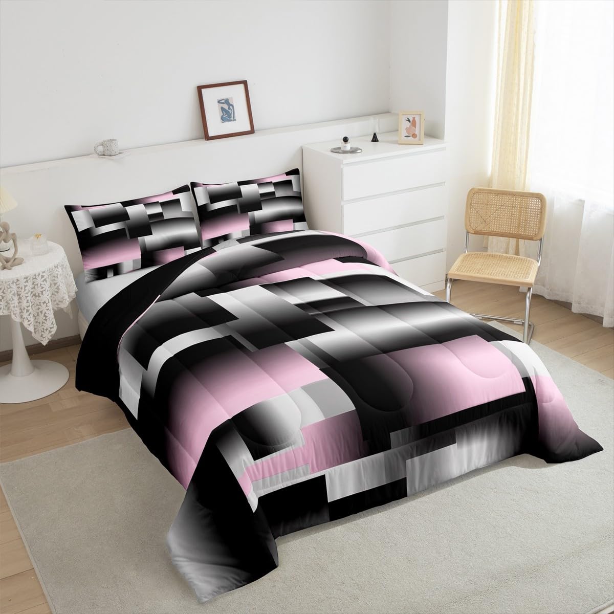 jejeloiu Modern Abstract Comforter Set Queen Size Pink Gray Black White Geometric Art Comforter Rectangle Room DecorBedding Set Quilt 3Pcs Duvet Set Boys