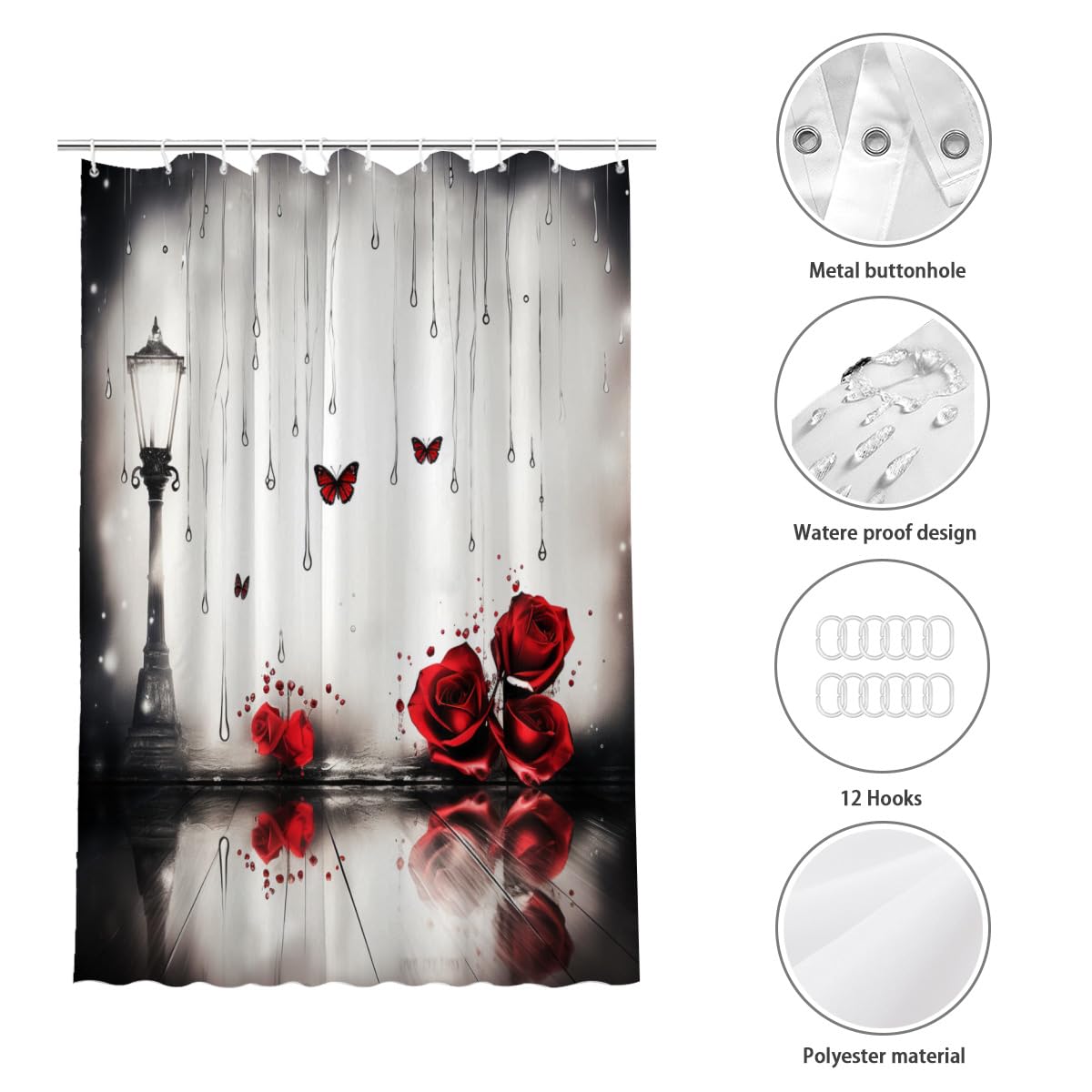 VELIRA Red Rose with Butterfly and Street lamp, Surreal Elements in Style, Romantic Feminine Girl Shower Curtain Decoration, red Rose Shower Curtain Set with 12 Hooks Polyester Fabric 60 * 72 inches