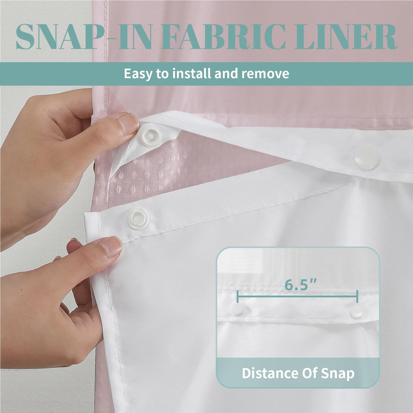 eachope BlushPink Long No Hook Waffle Weave Shower Curtain with snap-in Liner Replacement, 230GSM Waterproof Fabric Hotel Shower Curtain Set for Bathroom, Through Mesh Top Window,71Wx80H