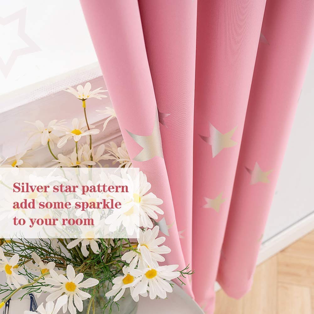 Anjee Pink Blackout Curtains for Girls Bedroom 54 Inches Length Stars Window Drapes Silver Foil Printed Room Darkening Panels Grommet Thermal Insulated Drapery Nursery Decor, Baby Pink 38x54 Inches