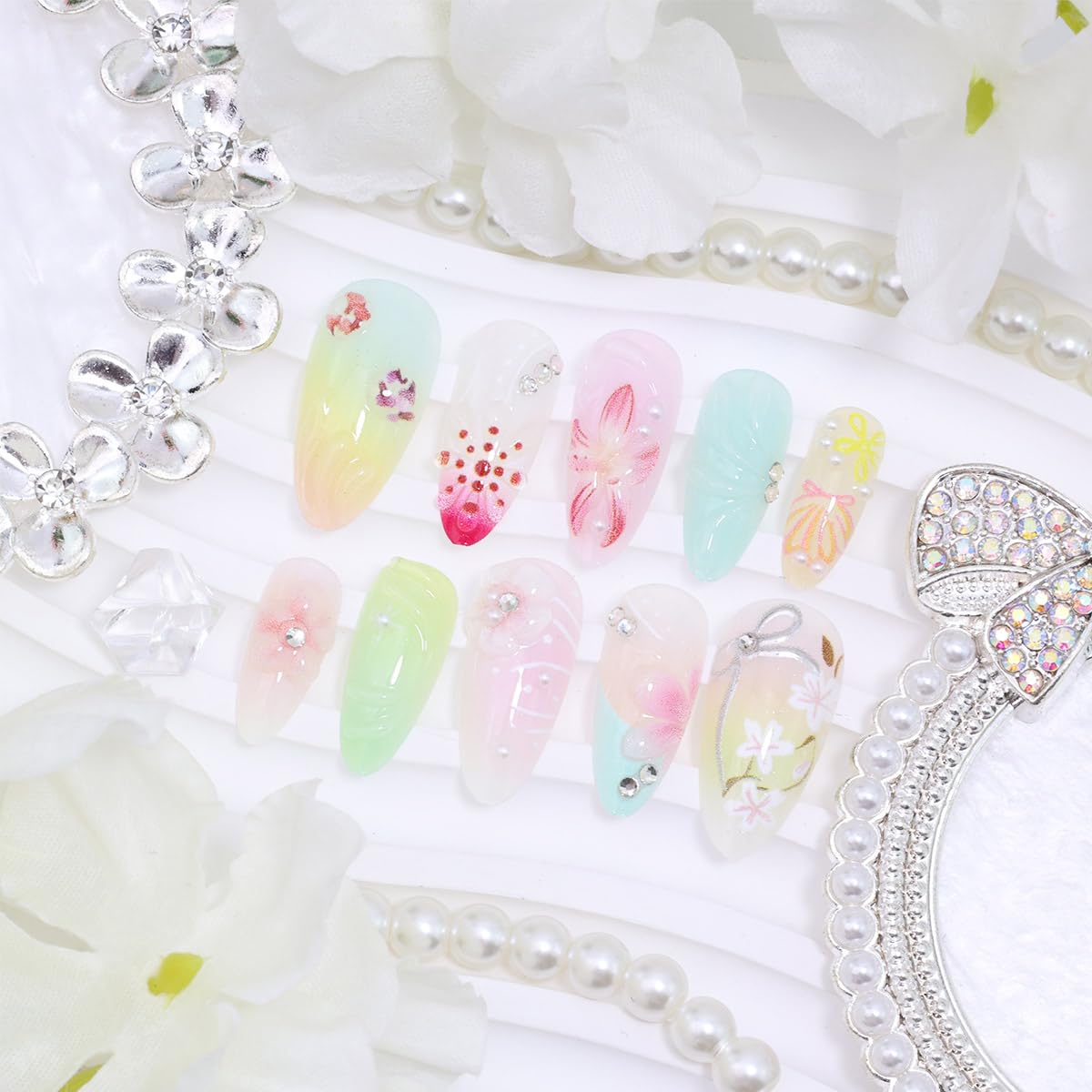24 Pcs Flower Press on Nails Medium Almond French Tip Fake Nails 3D Flowers Bow Rhinestones Glitter Designs Full Cover Spring Summer Stick on Nails Handmade False Nails for Women Acrylic Nail Salon