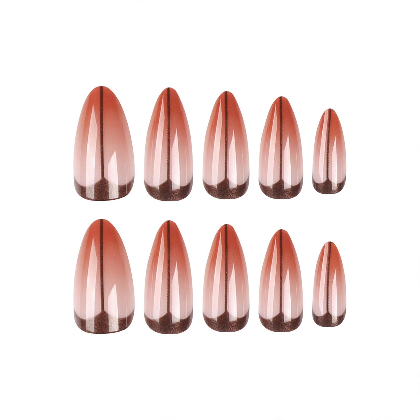 SINHOT Long Stiletto Press on Nails French Tip Almond Fake Nails Glossy Glue on Nails Brown Gradient Acrylic Nail Artificial Nail Black Line Stick on False Nail with Design 24 pcs