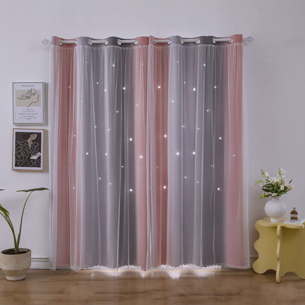 ZHUHAN Ombre Rainbow Blackout Curtains for Kid Girls Bedroom Living Room Darking Stripe Double Layer Star Cut Out Wall Home Decor Gradient Grommet Window Curtains （Pink Grey 52W x 72L