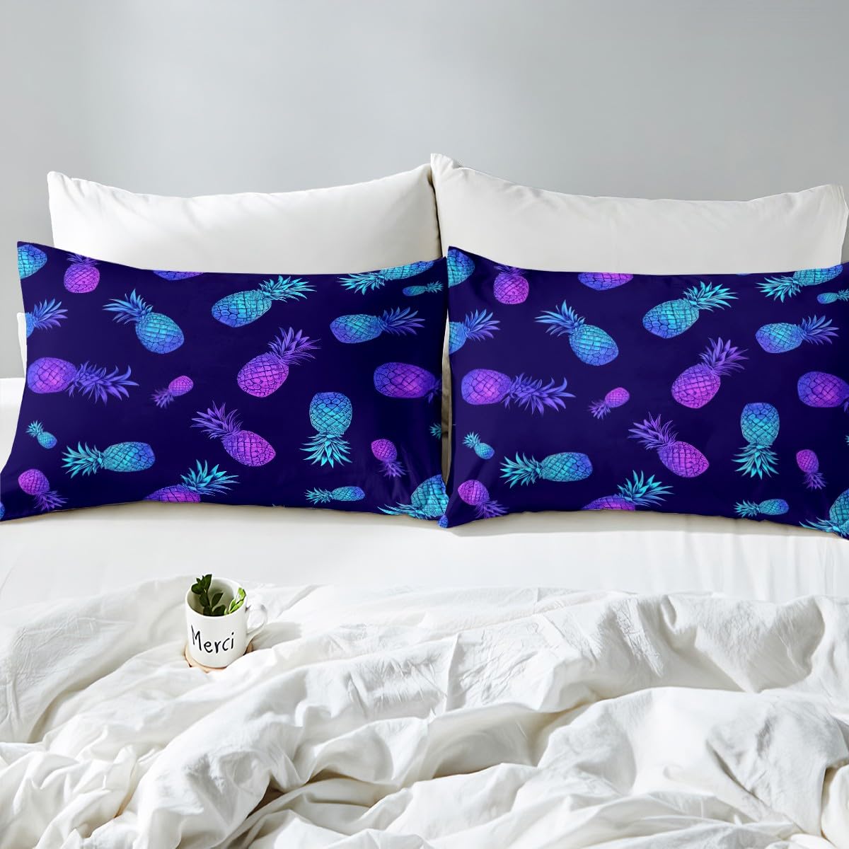 Pineapple Bed Sheet Set Tropical Fruit Print Bedding Set Purple Blue Pineapple Pattern Fitted Sheet for Children Kids Boys Girls Bohemian Exotic Style Bed Cover No Flat Sheet Room Decor Twin Size