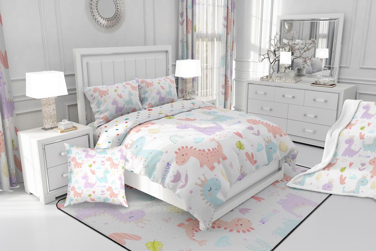 Castle Fairy Kawaii Dino King Comforter Toddler,Watercolor Cartoon Dino Rainbow Quilt Comforter with 1 Pillowcase,Cute Flowers Dreamy Clouds Bedding Set Comfortable,Soft and Breathable