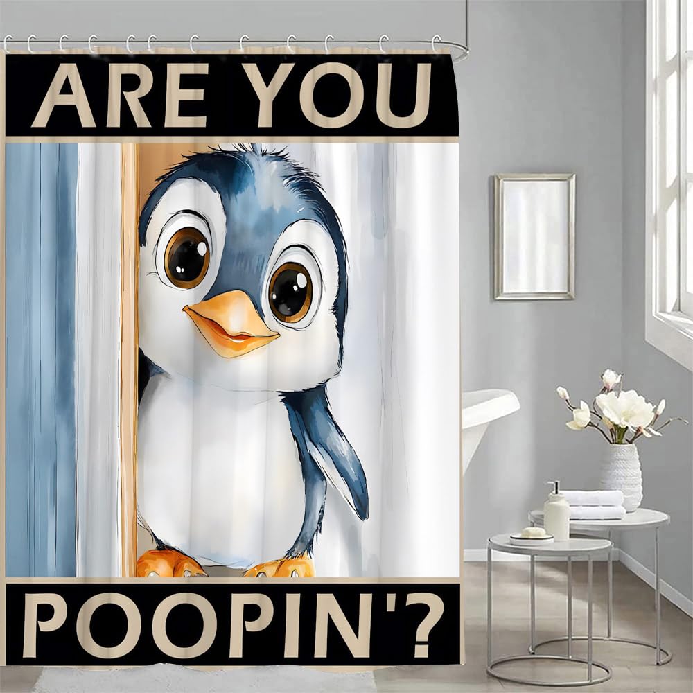 YSSFAV Funny Penguin Shower Curtain are You Poopin' Cute Animal Fun Modern Creative Bathroom Decor Curtains Set with Hooks, 70" W x 70" H