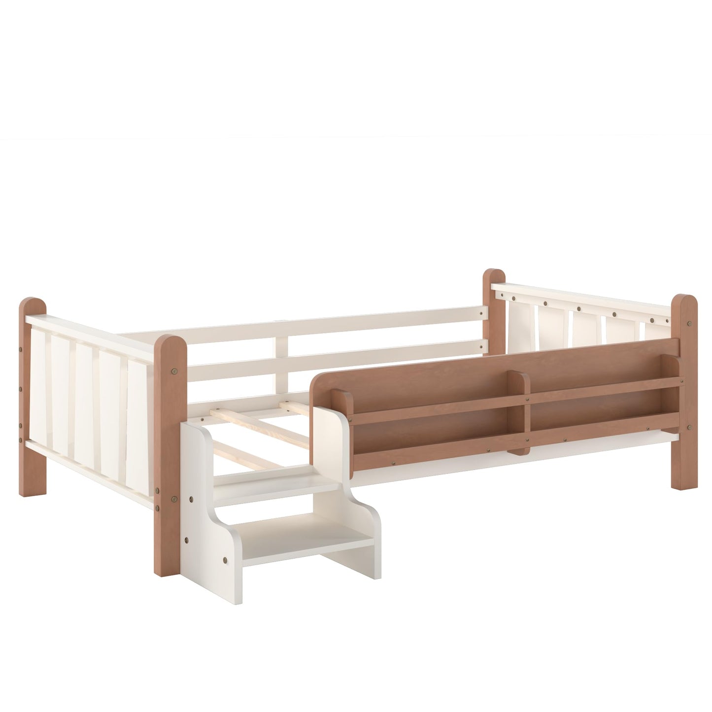 LUMISOL Twin Size Montessori Bed with Storage, Kids Low Bed Frame with Storage and Stairs, Wood Twin Size Platform Bed with Guardrail and Shelves, Beige