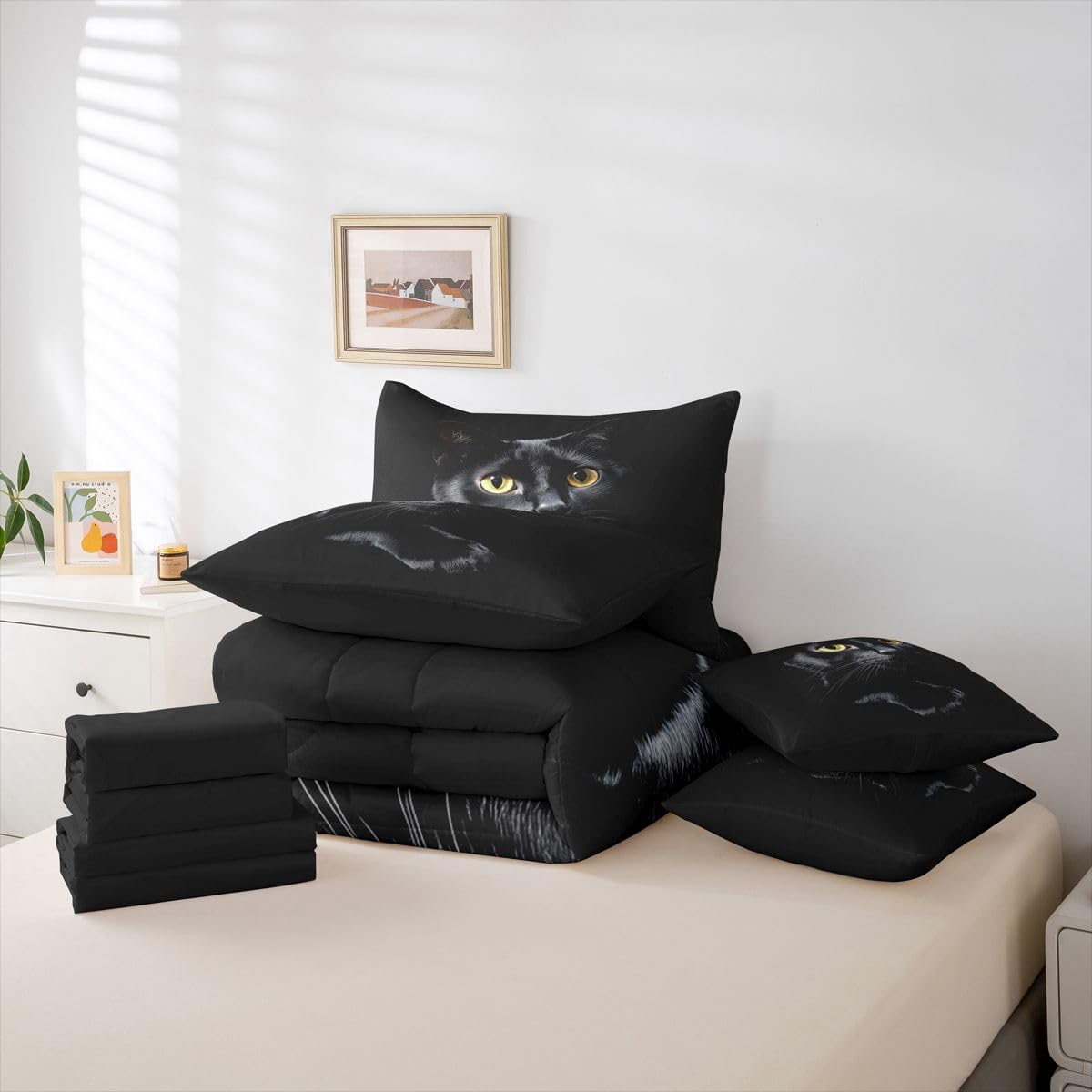 Erosebridal Black Cat 7-Piece Bedding Set Full Size 3D Cat Bed in a Bag for Kids Girls Boys Cats Lover Cute Farmhouse Domestic Pet Animal Comforter Set with Sheets Cute Cats Duvet Insert