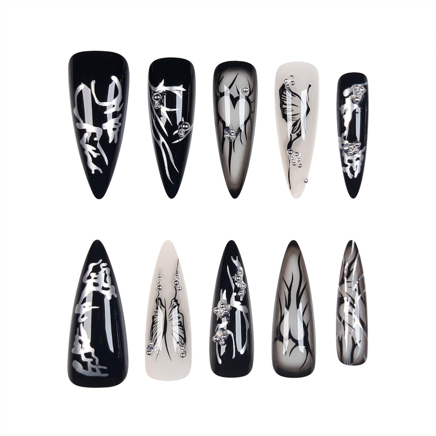SINHOT Stiletto Press on Nails - Long Fake Nails, Glossy Finish, Black Butterfly & Gothic Style, DIY Artificial False Nail Art - 24 Pcs Nail Kit with Glue