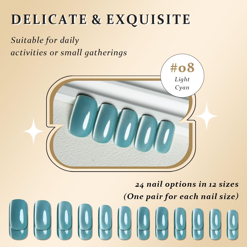 Light Cyan Cat Eye Press on Nails Medium Square, Medium Square Press Stick on Nails Chrome for Women Gift, Green Holographic Glitter Glossy Reusable Gel Acrylic Fake Nail with Designs Cateye Effect