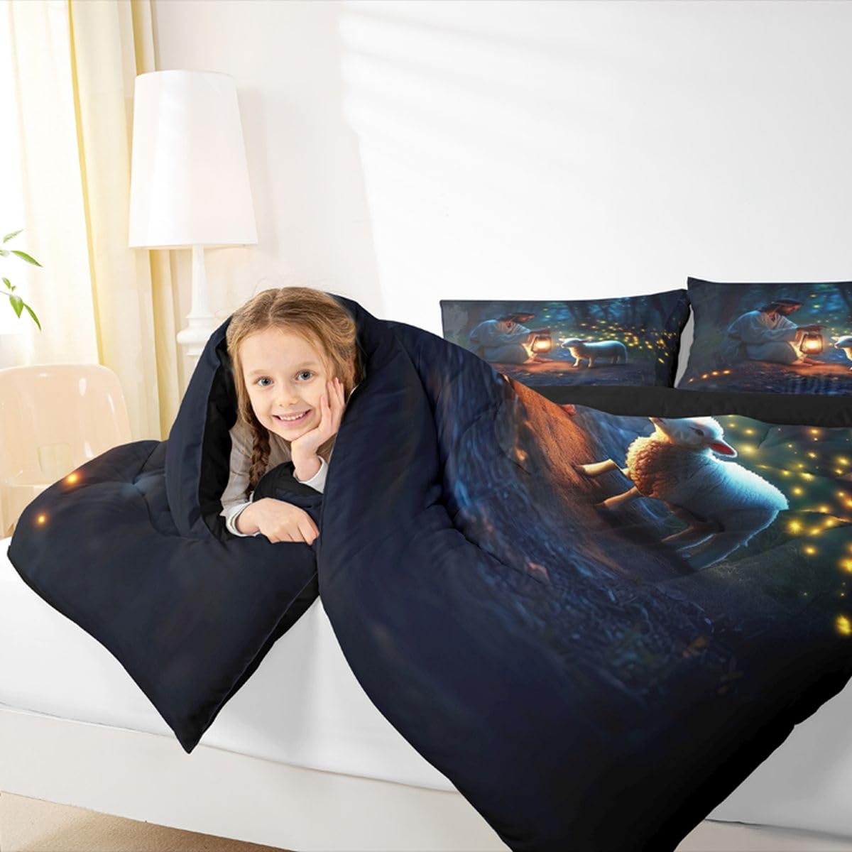 Manfei Western Girls Bedding Set Twin Size,Serenity Prayer Lost Lamb Comforter Set,Inspirational Bible Verse Quilt Comforter Girls Boys Teens,Dark Blue Room Decor All Season,1 Pillowcase