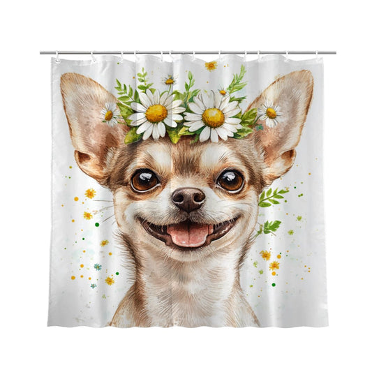 NGZ White Daisy Floral Shower Curtain Chihuahua Shower Curtain Farmhouse Flower Spring Rustic Blossom Fabric Bathroom Decor Set with Hooks（72Wx72H）