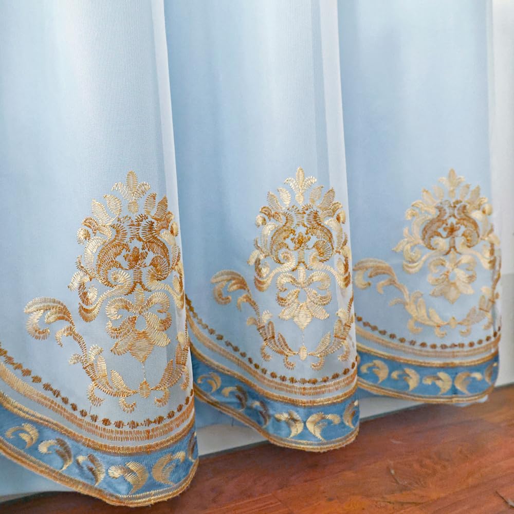 Amidoudou 1 Pair European Double Layer Curtains with Sheer Curtains for Living Room Bedroom Luxury Embroidered Blackout Curtains (Blue,52x84 Inch)