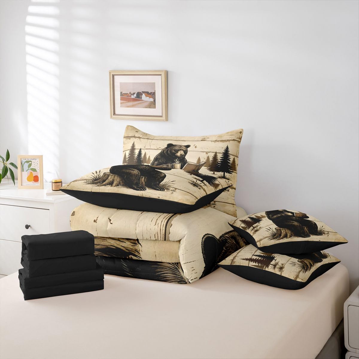 Feelyou Bear Comforter Set Twin Size 7 Pieces Rustic Cabin Country Bedding Set for Kids Boys Girls Lake Life Bed in a Bag with Comforter, Sheets, Pillowcases, Cushion Covers Wild Animal Bedroom Decor