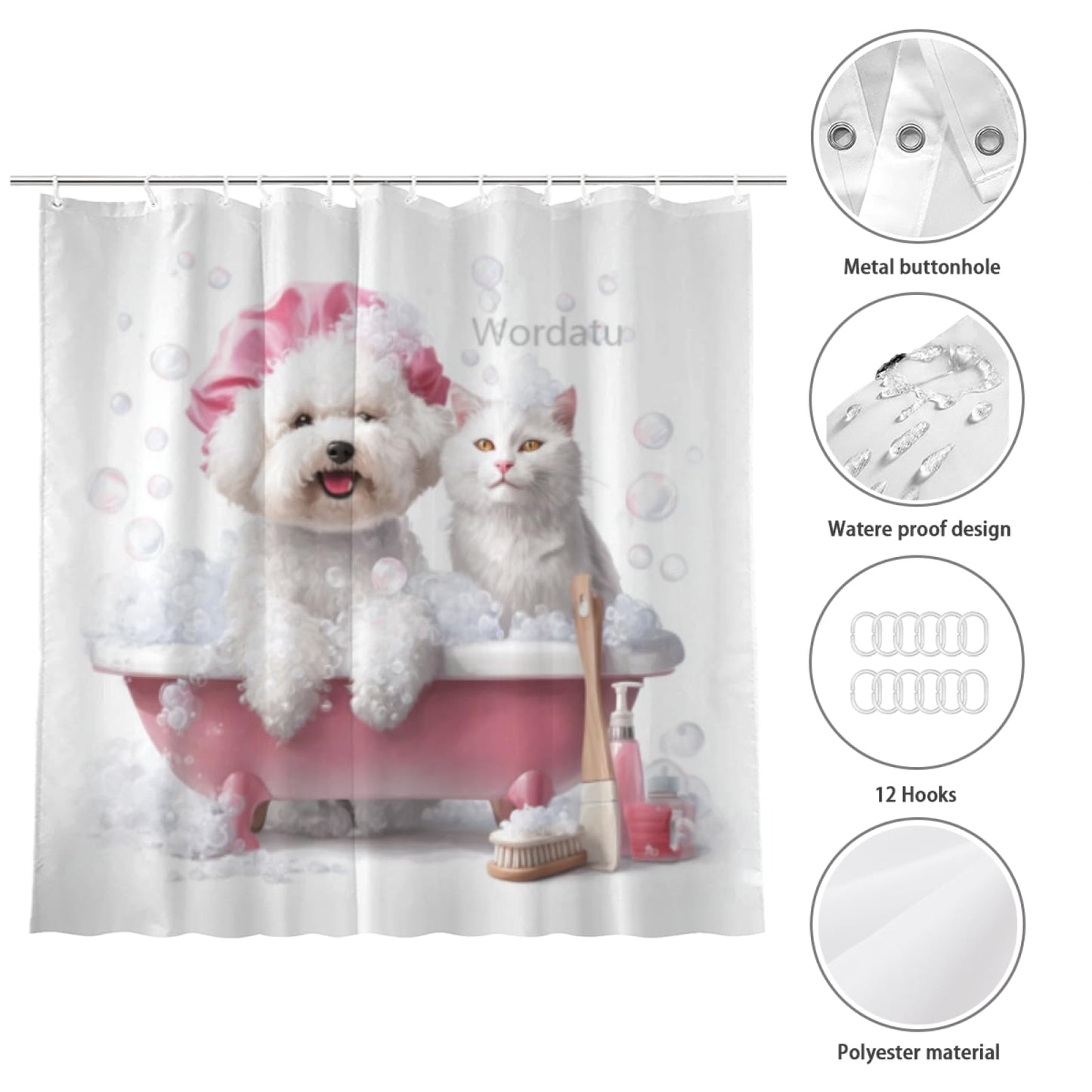 Wordatu Funny Bichon Frise Shower Curtain Decor Fabric Bathroom Curtains, Kids Children Cartoon Waterproof 72x72 inch with 12 Hooks