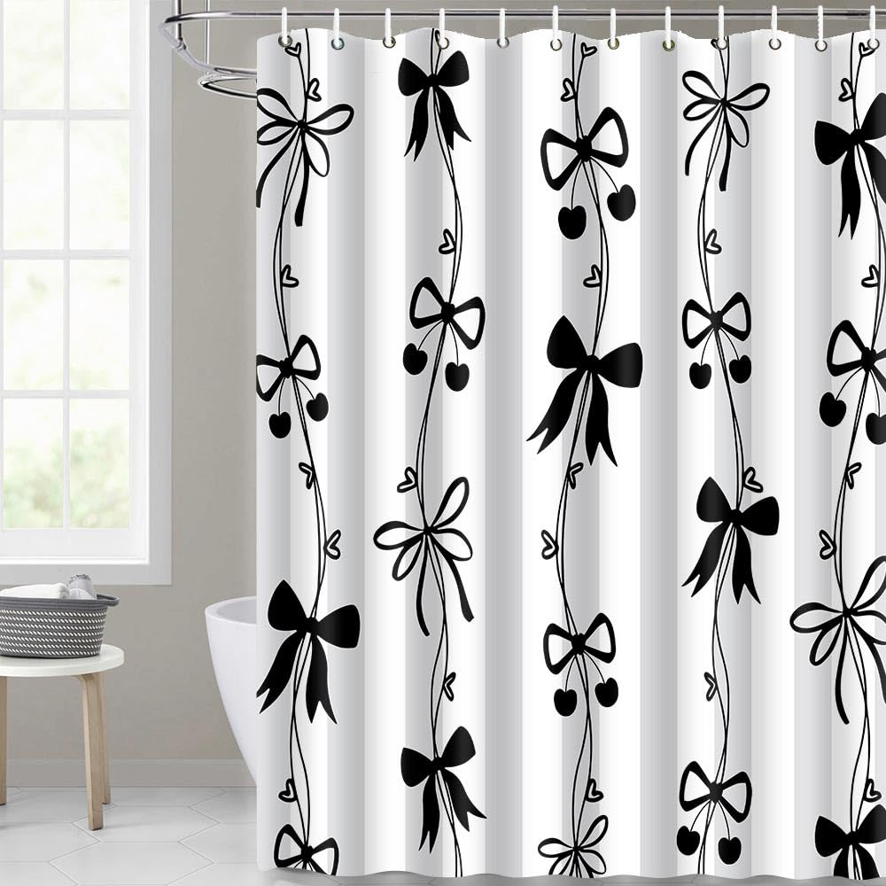 LshyMn Cute Bowknot Shower Curtain 72x72 Inches Preppy Cartoon Beautiful Black Bow Shower Curtains Set,Modern Aesthetics Girl Bathroom Decor for Hotel Restroom YLDWMN7GM
