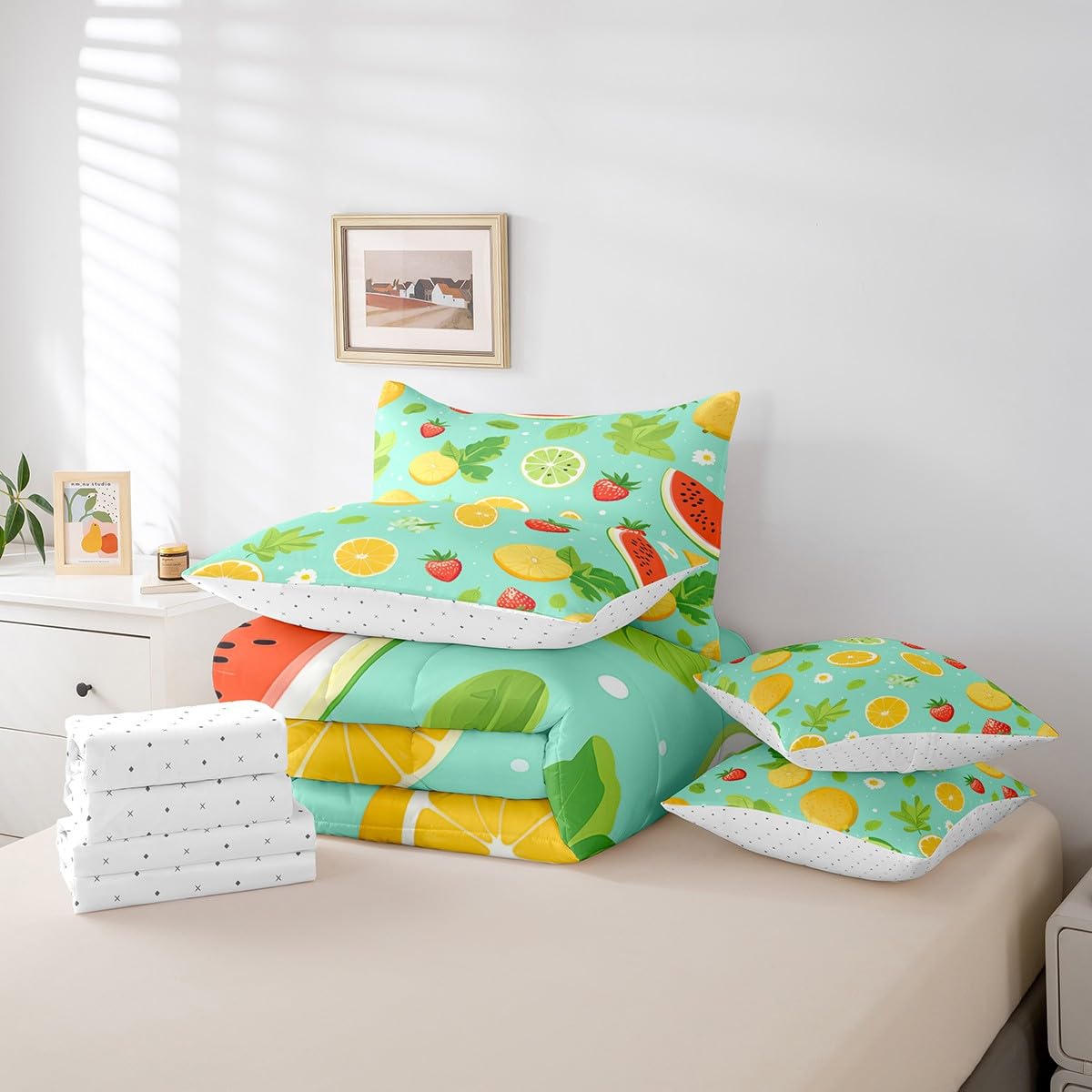 Erosebridal Tropical Fruit Full Bedding Sets 7-Piece Strawberry Lemon Comforter Set Summer Holiday Comforter Set with Sheets White Daisy Flower Leaves Bed in A Bag,Children Blue Soft Home Decor