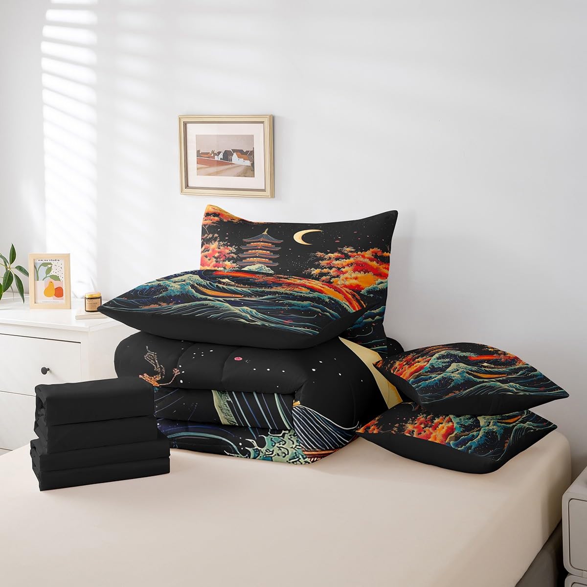Erosebridal Blue Ocean Waves Queen Bedding Set 7 Piece,Japanese Cherry Blossom Comforter Set with Sheets for Kids Girls Boys,Ukiyoe Style Oriental Theme Bed Set with Fitted+Flat Sheet,Pillowcases
