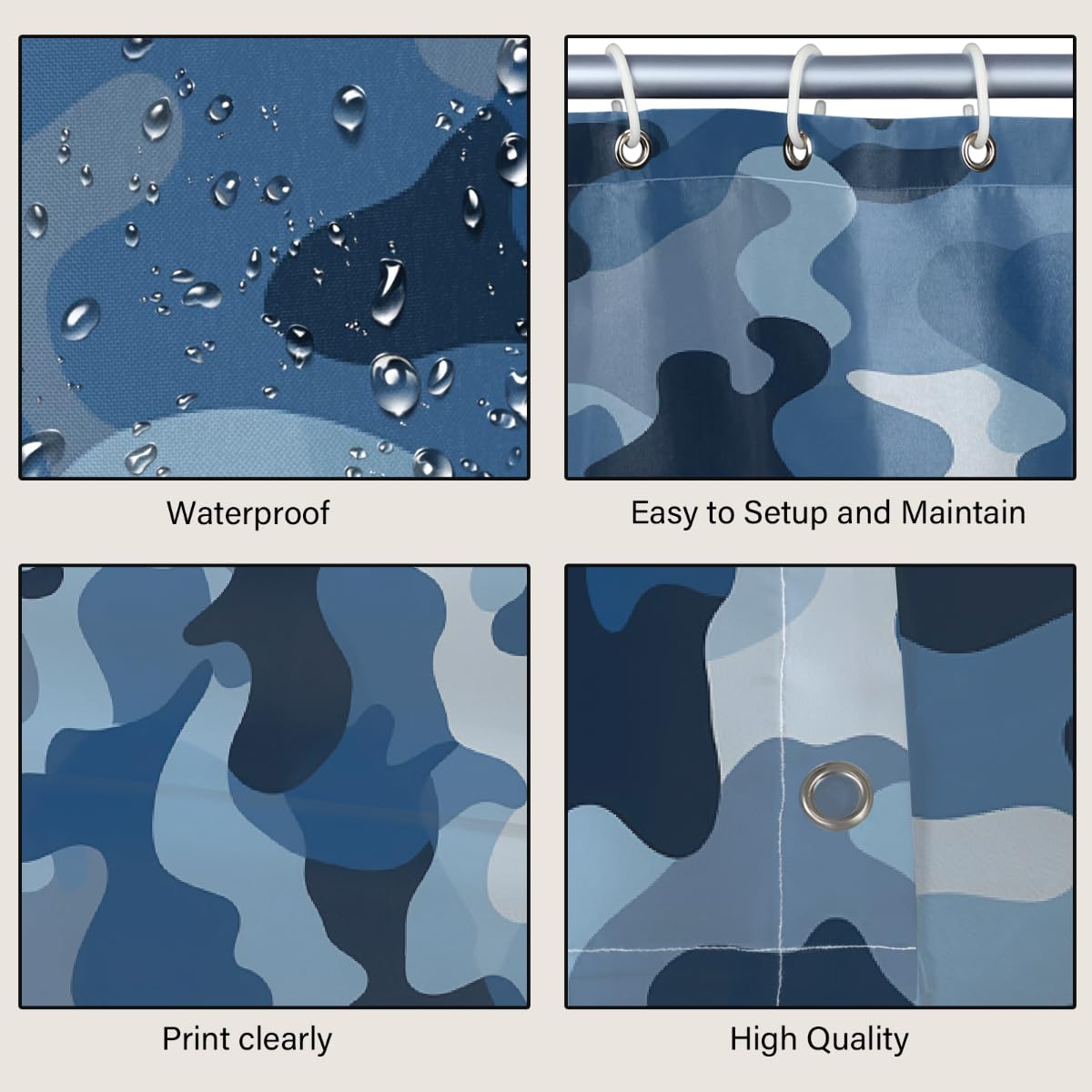 Ivolege Shower Curtain with Hooks, Classic Blue Camo Print Shower Curtain